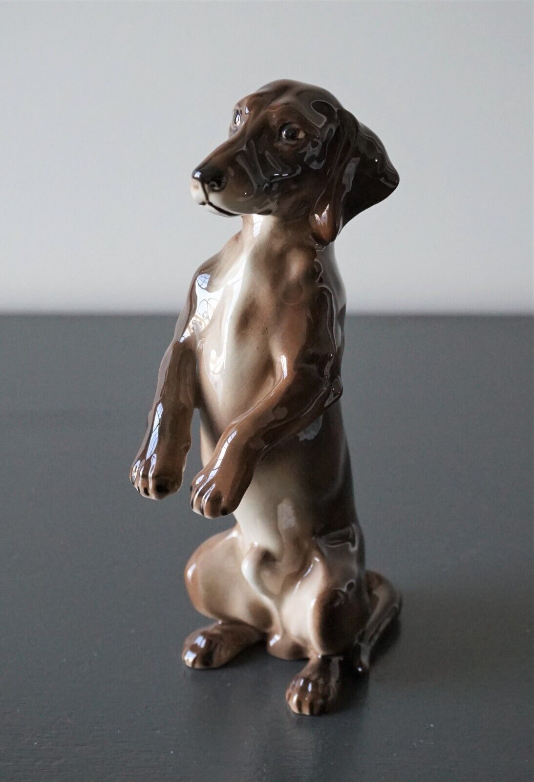 Keramos Dog Figurine Dachshund Sitting Up Porcelain Austria Large 7-5/8\