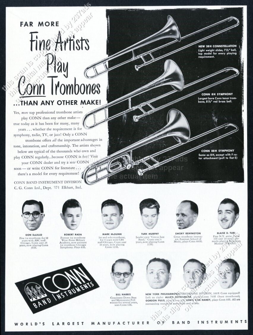 1955 NY Phil Allen Ostrander Gordon Pulis etc photo Conn trombone vtg print ad