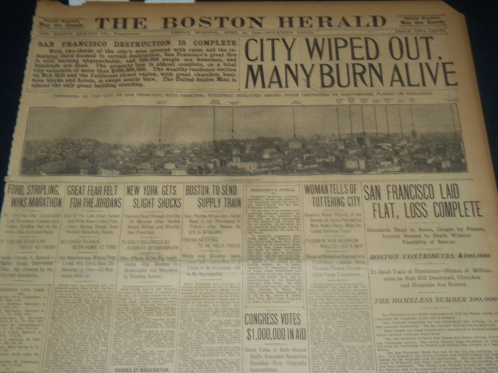 1906 APRIL 20 THE BOSTON HERALD - CITY WIPED OUT MANY BURN ALIVE - BH 297