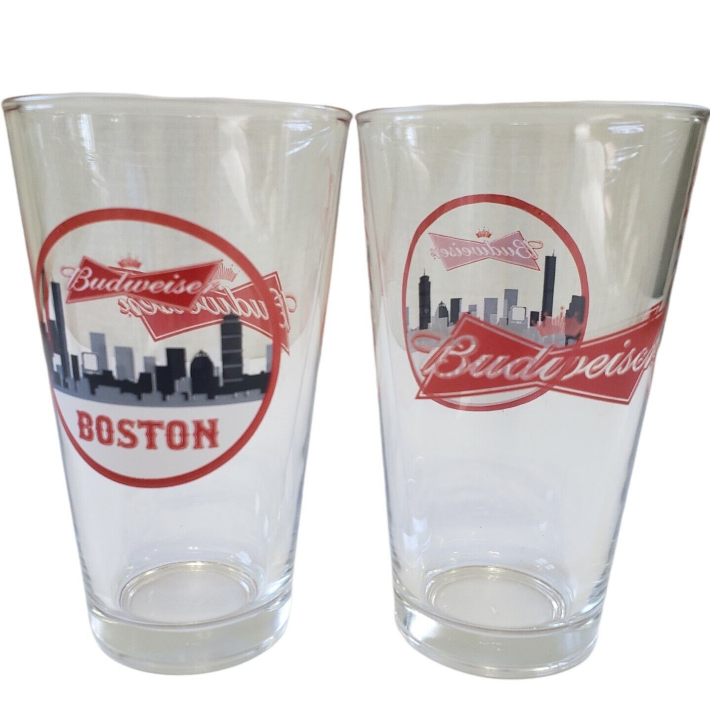 Budweiser Boston 16 oz Pint Beer Clear Glasses Set Of Two Six Inches High New