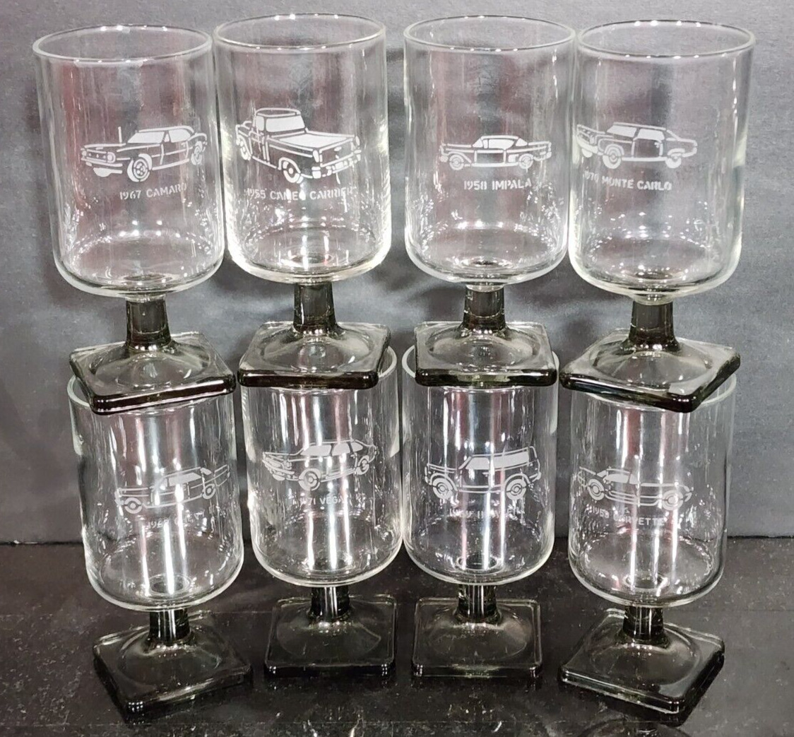 1960s Set of 8 CHEVY MUSCLE CAR SHOT GLASSES Smoked Footed Glass CORVETTE Camaro