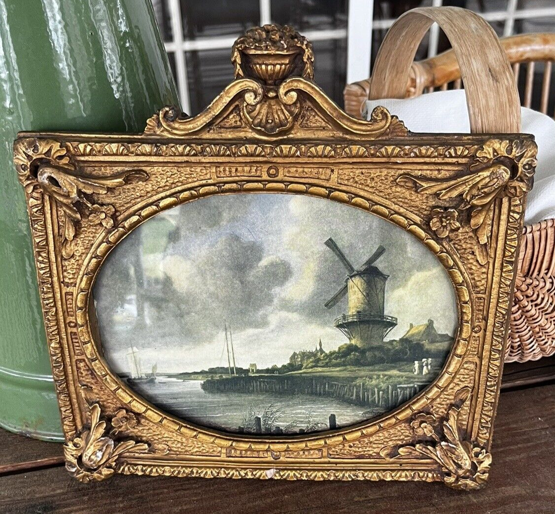Beautiful Antique Ornate Gold Gilt Carved Frame ~ 8x10 ~Dutch Windmill Print