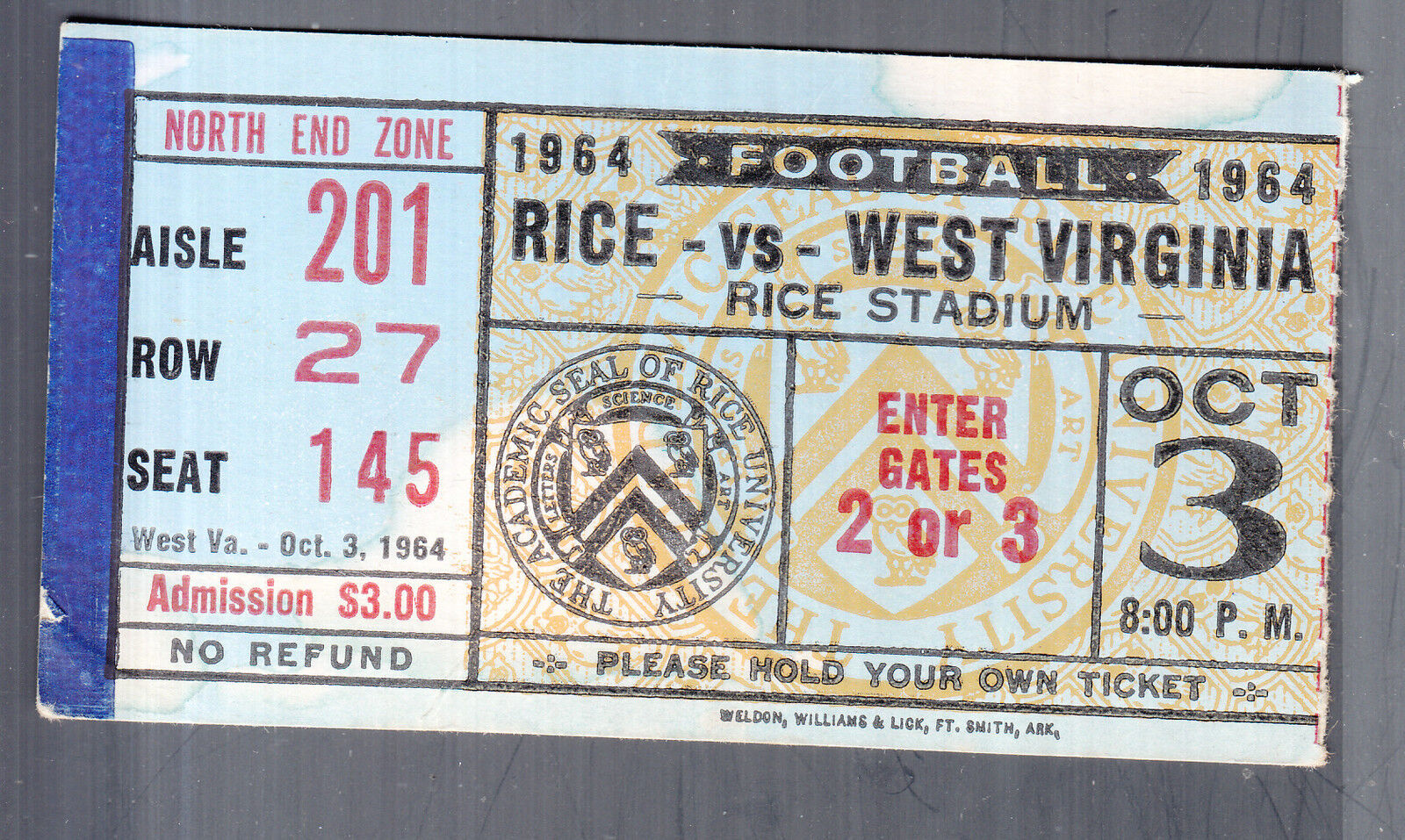 Rice Owls vs West Virginia October 3 1964 Vintage College Football Ticket Stub