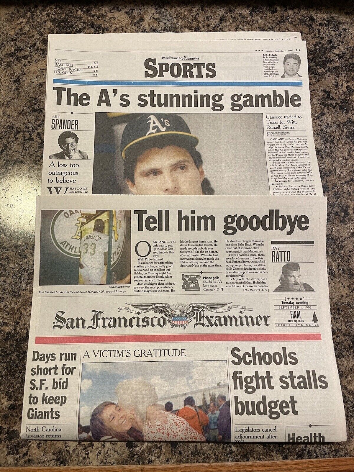 1992 Jose Canseco Traded Newspaper.  Oakland A’s Baseball
