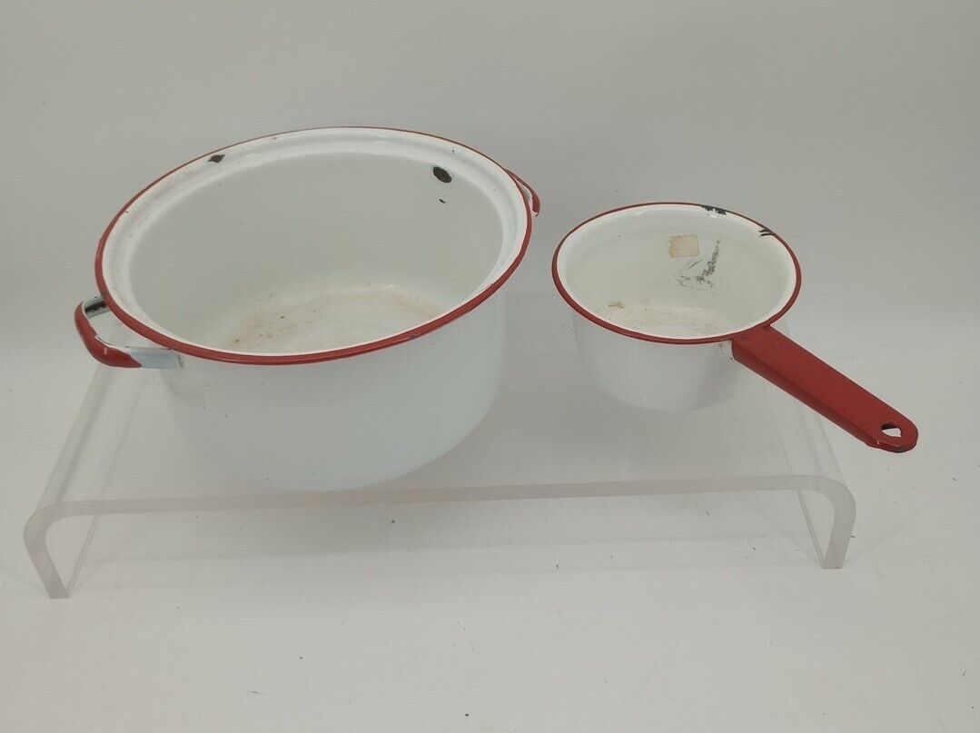 Vintage  White w/Red Trim Porcelain Enamelware - Stockpot & Saucepan No Lids