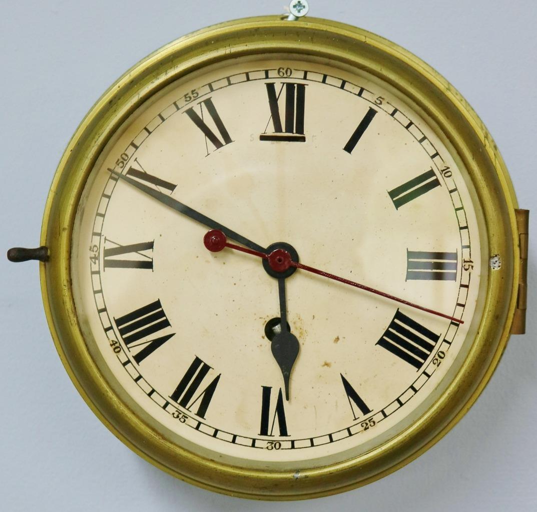 Antique English 8 Day 2 Tone Brass Ships Timepiece Wall Clock With Seconds Hand