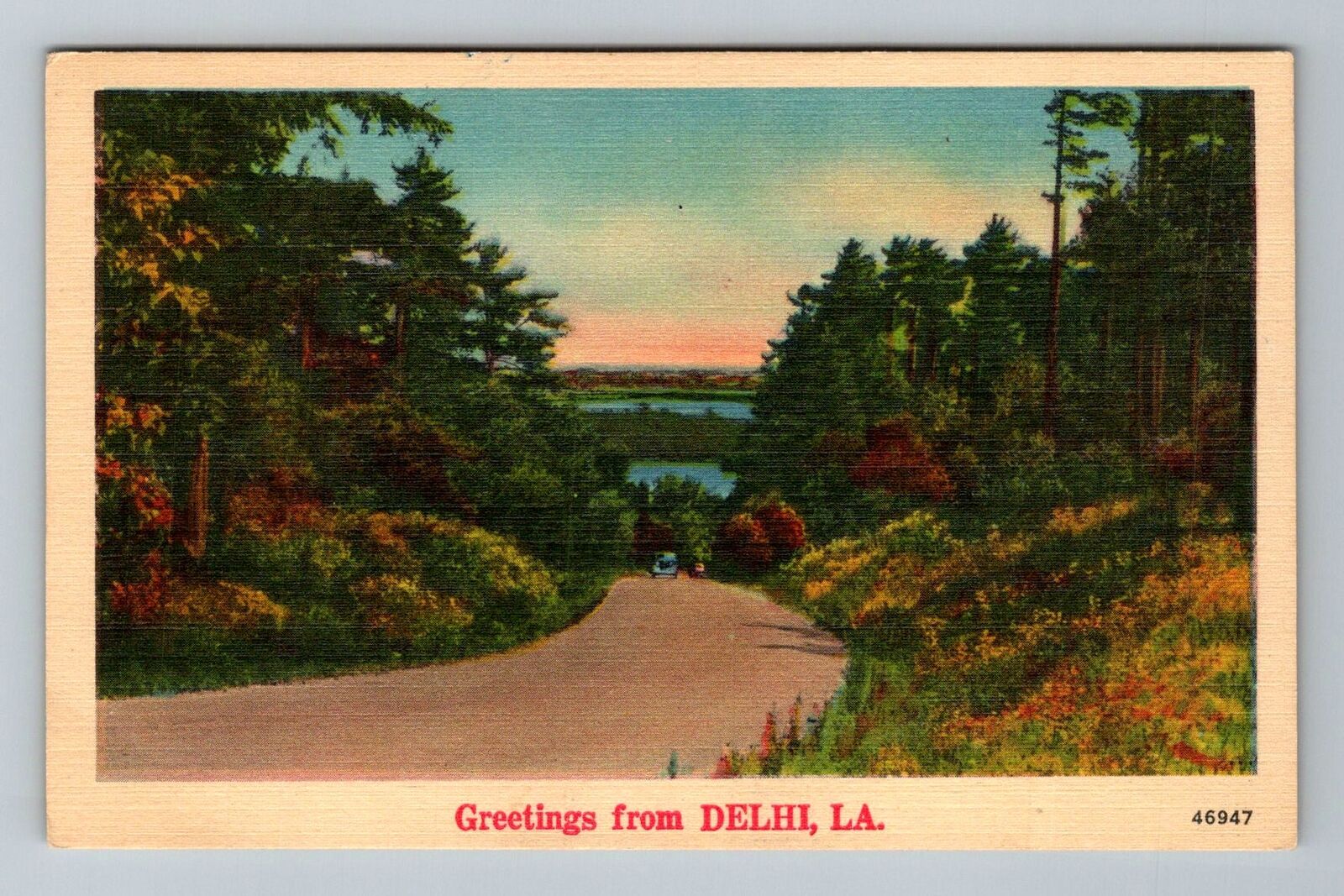Delhi LA-Louisiana Greetings Scenic Roadway Period Car Vintage Souvenir Postcard