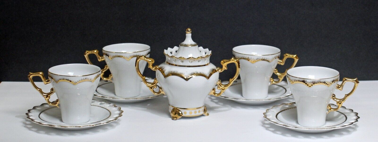 Vintage Adeline Teacup and Saucer Set Sugar Bowl White Gold Trim Bone China