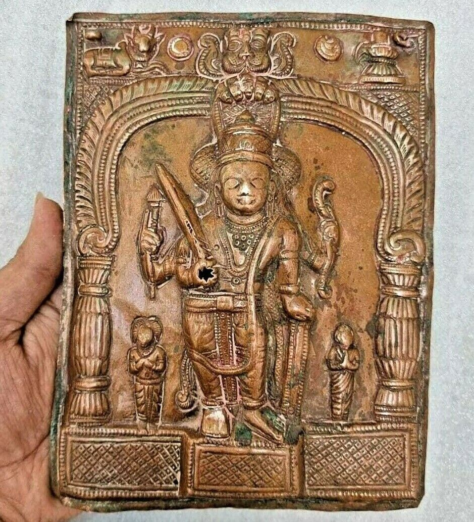 Original 1800's Old Antique Copper God Veerabhadra Shiva Figure Embossed Plate