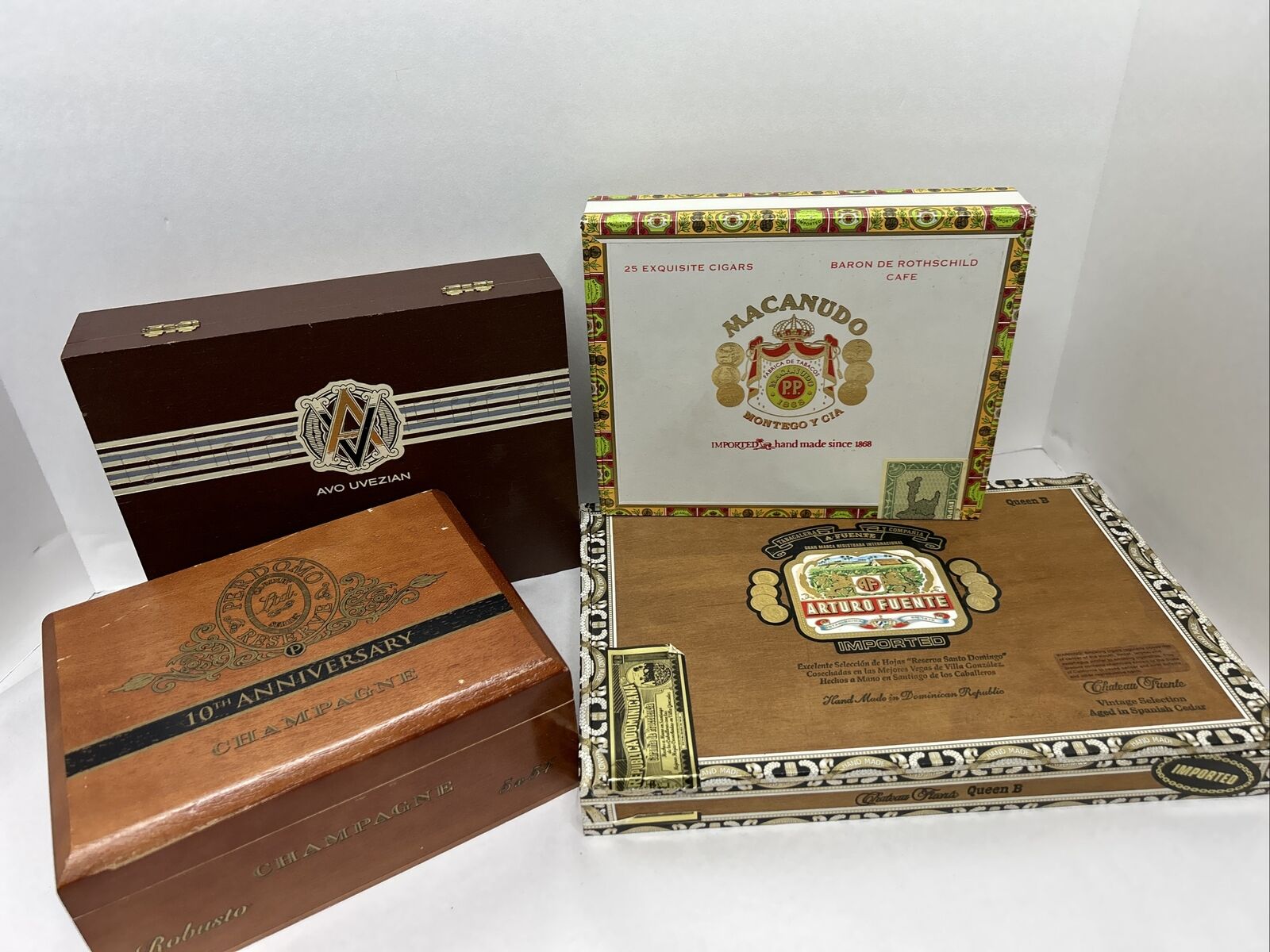 Lot of 4 Cigar Boxes Avo Uvezian, Arturo Fuente, Personified, Macanudo, Crafts