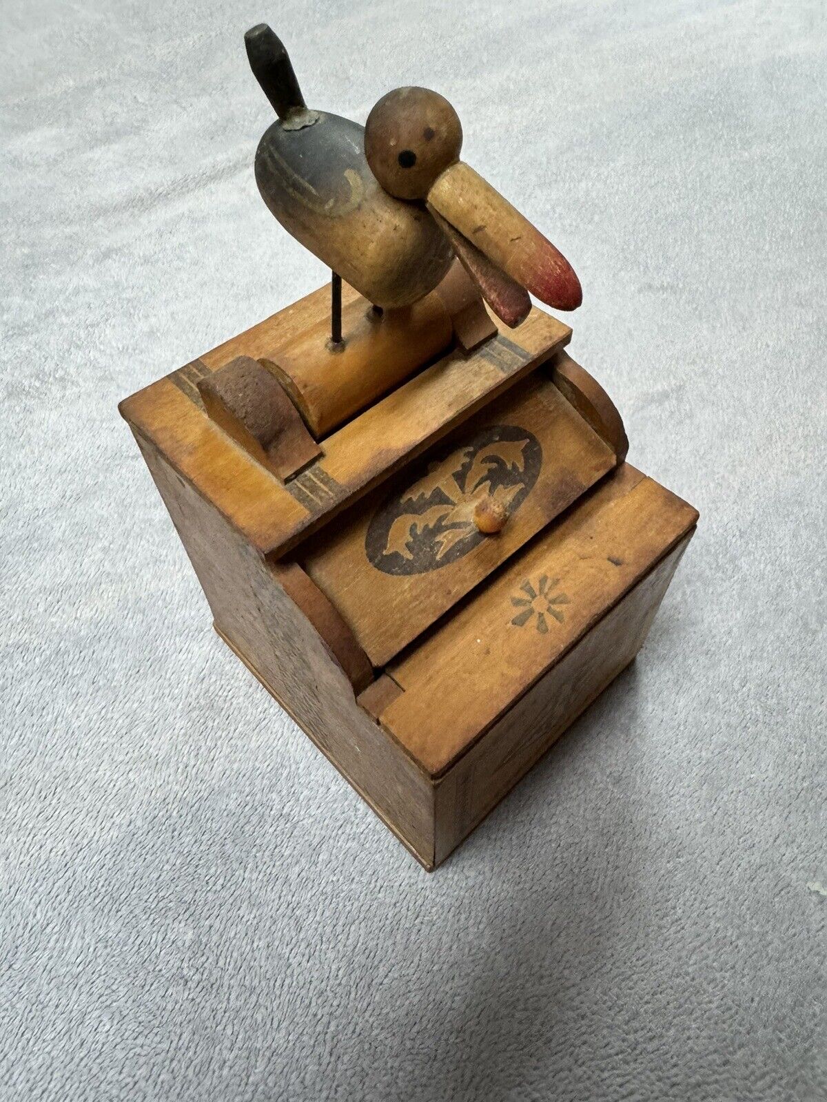 Vintage Antique 1960s Wooden Inlaid Cigarette Dispenser Box with Bird on Top 
