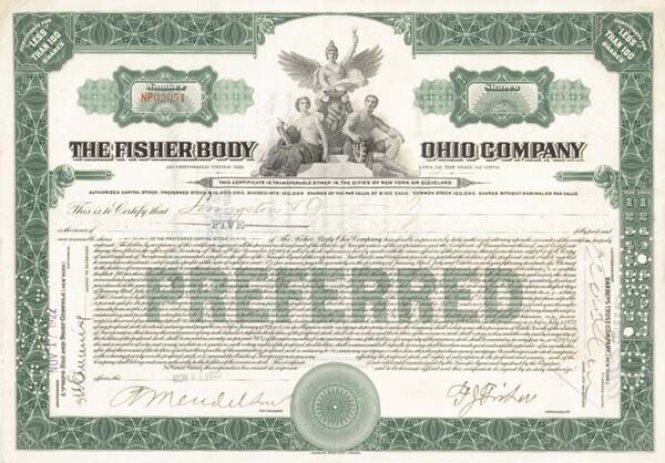 Frederic John Fisher - The Fisher Body Ohio Co. - Stock Certificate - Autographe