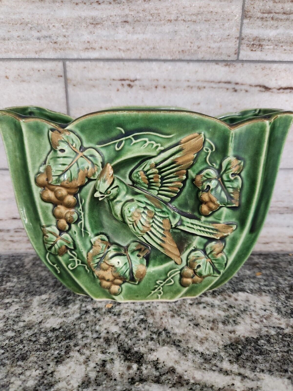 Vintage Green Ceramic Porcelain Bird Vase Painted Sculpted Made In Japan RARE
