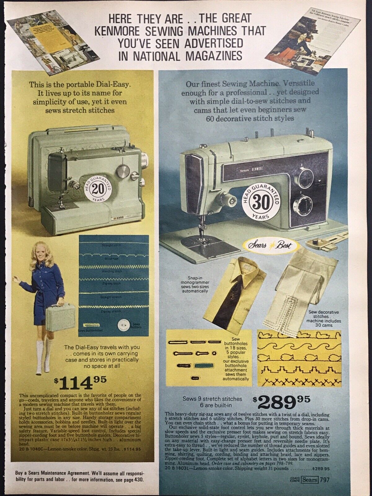 Vintage 1973 KENMORE Sears Electric Sewing Machines Print Ad 8x11” SRC 797