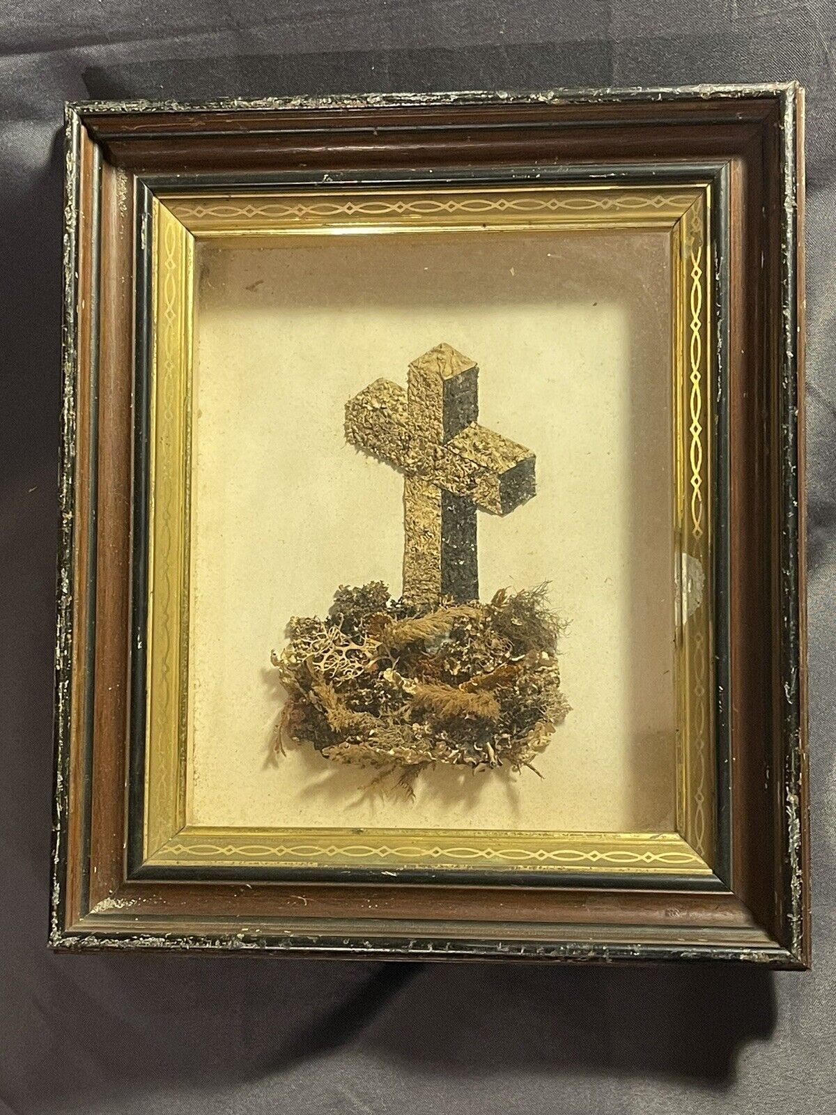 Antique Folk Art 3D Crucifix Memorial Memento Mori Seaweed or Moss Shadow Box