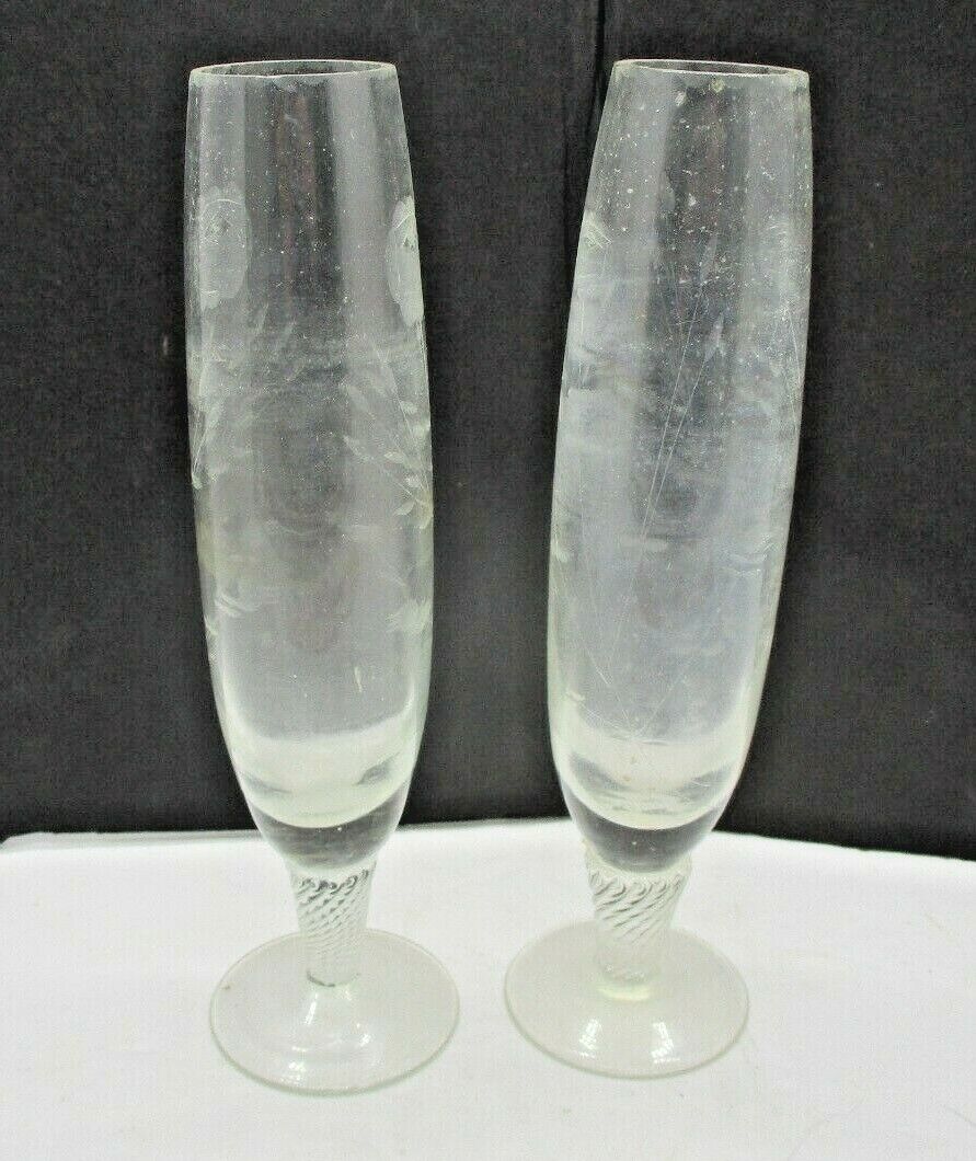 Two Vintage Etched Glass Bud Vases