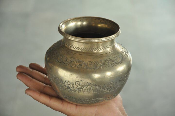 1930's Old Brass Handcrafted Unique Inlay Engraved Solid Heavy Holy Water Pot
