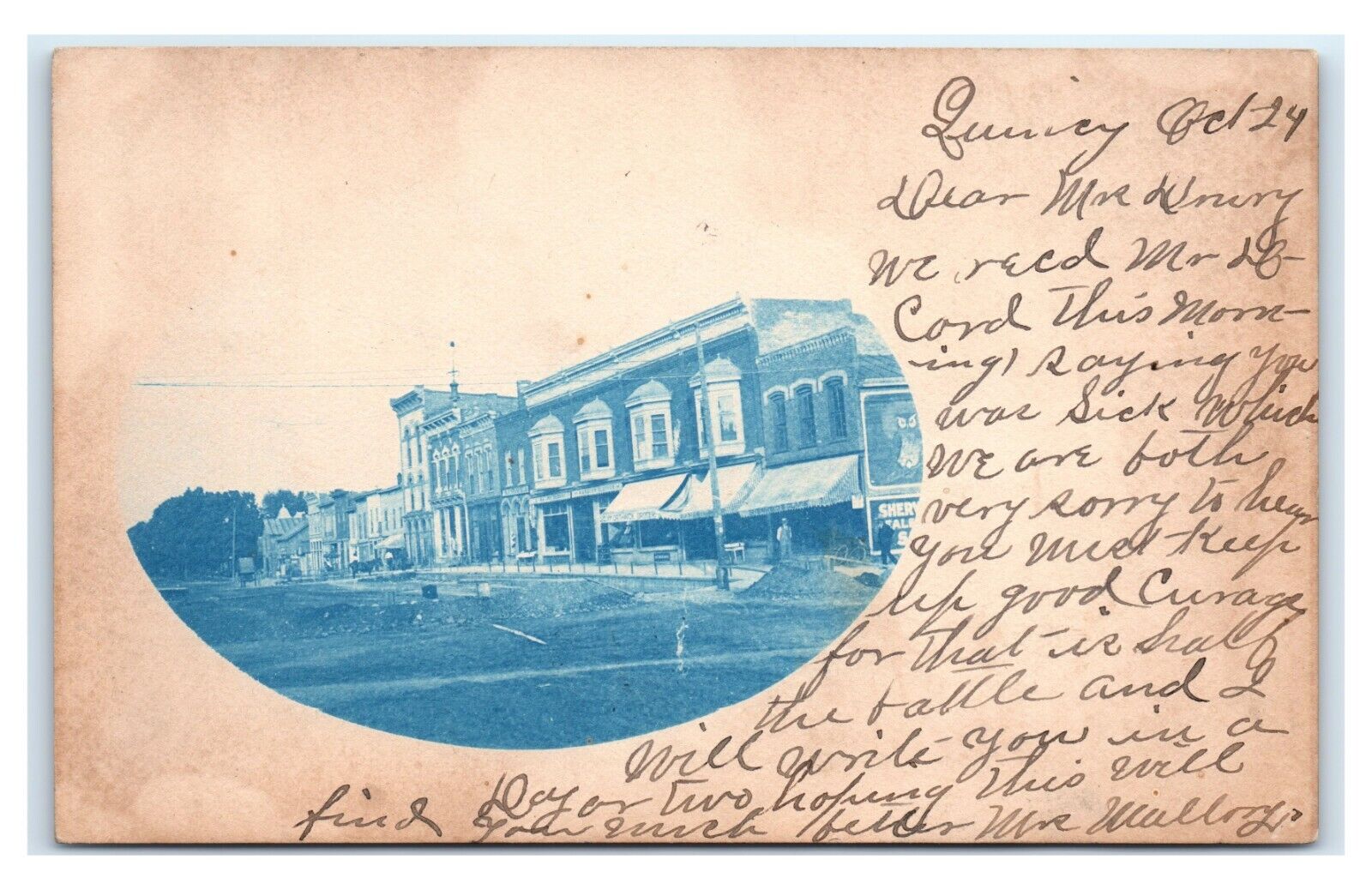 Postcard Quincy, Michigan (S Main St + West/East Chicago St) 1906 Cyanotype  N9