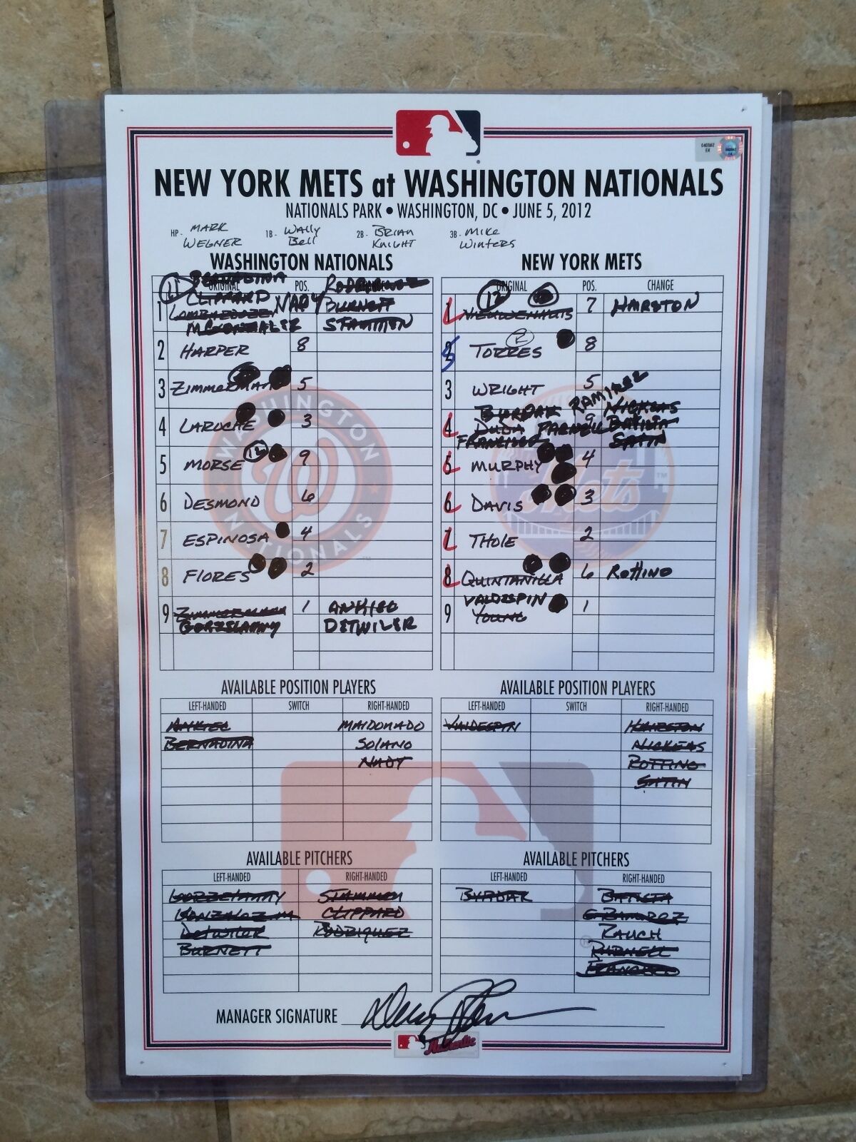 BRYCE HARPER 1ST WALK OFF(12TH INNING) OFFICIAL LINE UP CARD-1/1 HARPER-MLB HOLO