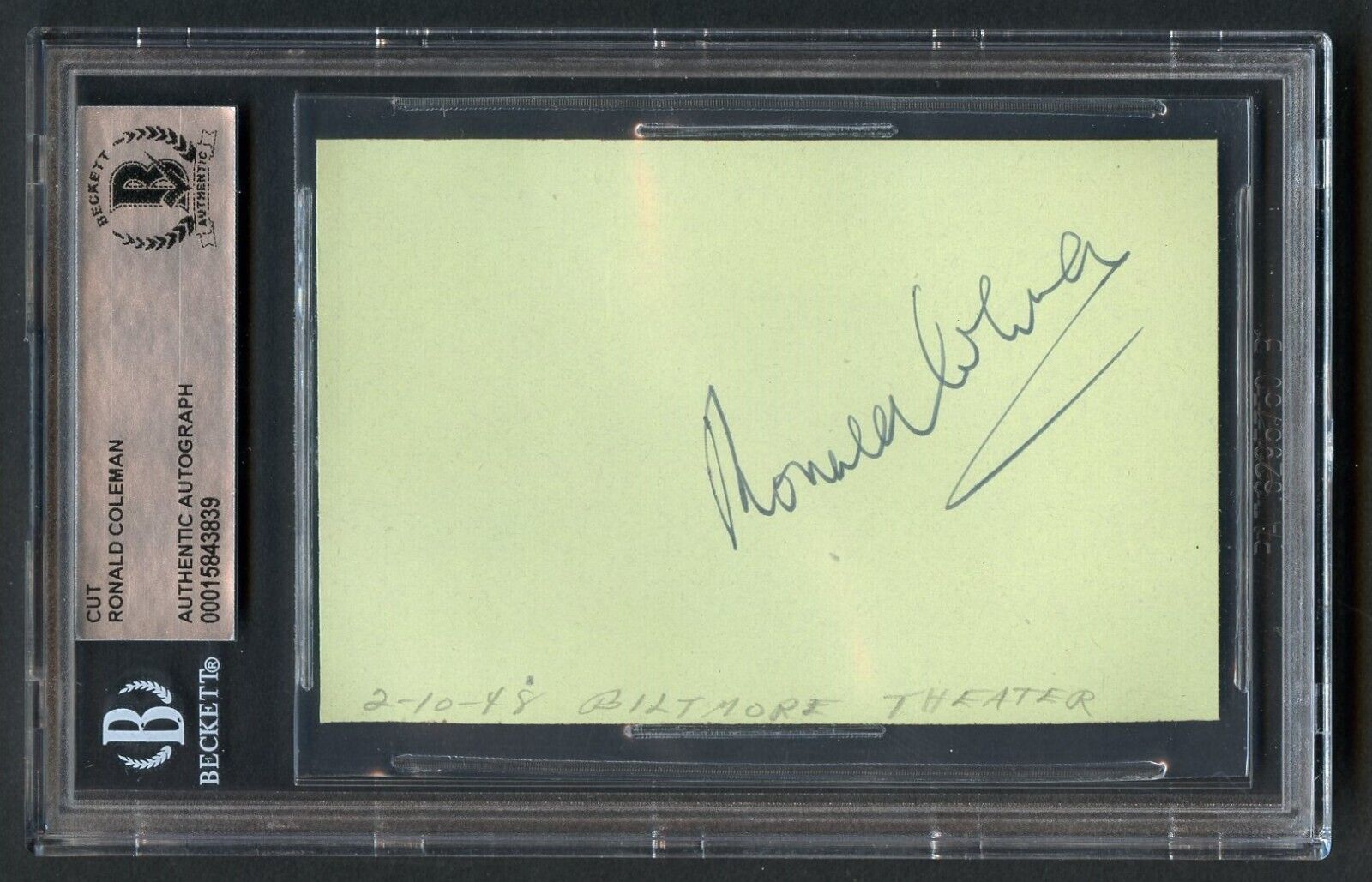 Ronald Coleman d1958 signed on 2-10-48 autograph 2x3 cut Actor A Double Life BAS