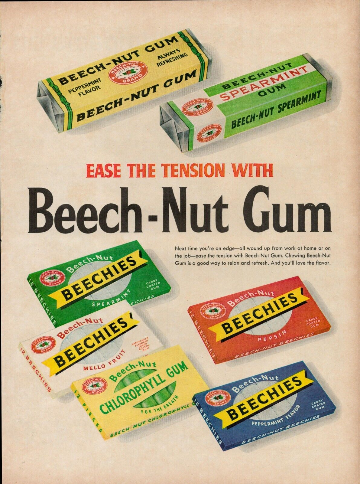 1954 Beech Nut Gum Candy Vintage Print Ad Peppermint Spearmint Mello Fruit USA