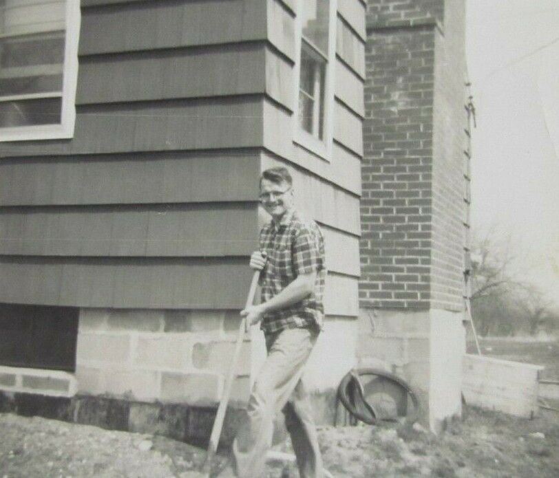 Man With Shovel Digging By House 1960 B&W Photograph 3.5 x 3.5