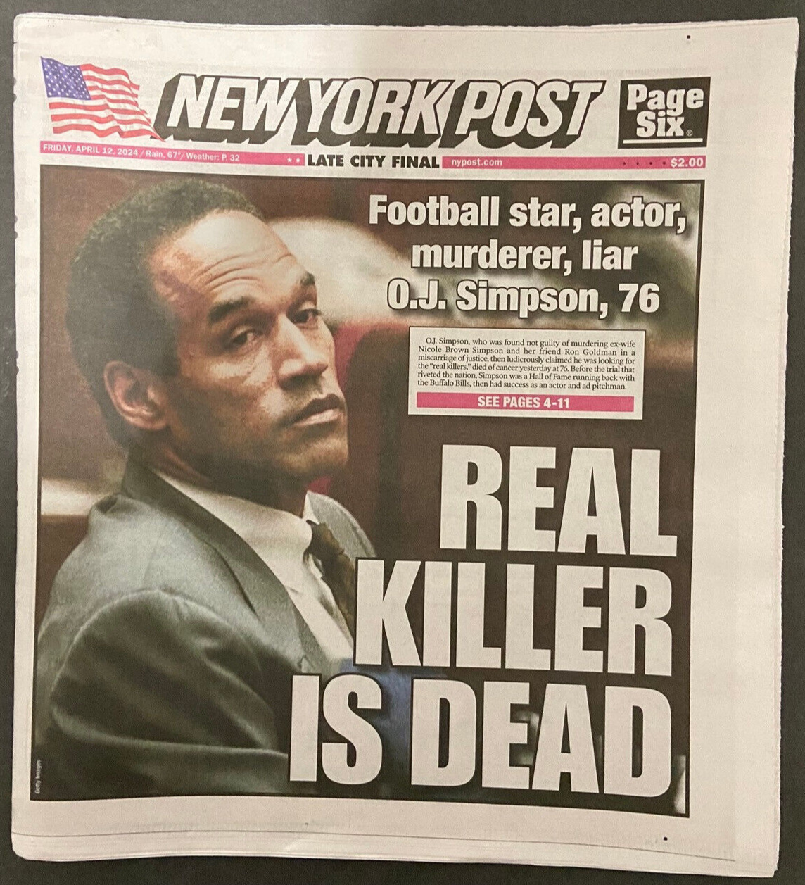 O.J. Simpson Real Killer Dead remembered New York Post newspaper 4/12 2024 Death