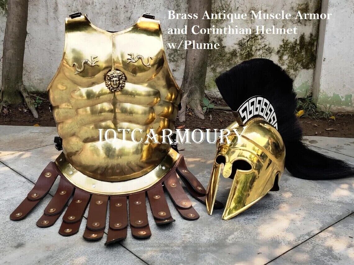 Brass Antique Medieval Roman Greek Muscle Armor Cuirass Helmet Corinthian Plume
