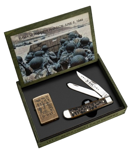 CASE XX KNIVES USA D-DAY 80TH ANNIVERSARY TRAPPER KNIFE ZIPPO LIGHTER SET