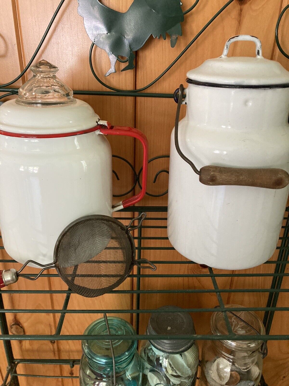 Lot Black And White Enamel Milk Pail And Red And White Coffee Pot, Strainer 