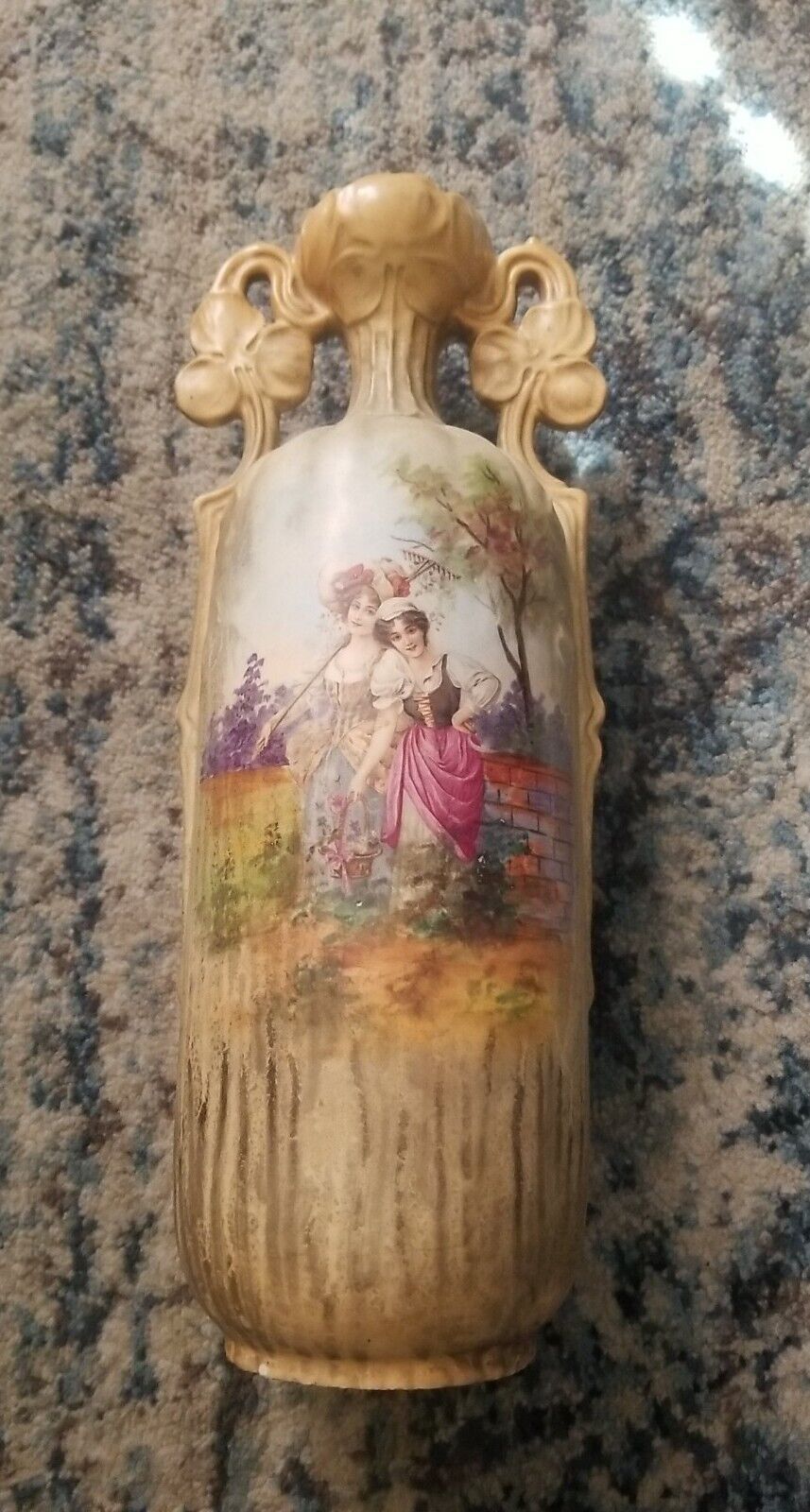 Vintage Painted Vase Art Deco Cream Victorian Beige Multicolor Floral & Lady's 
