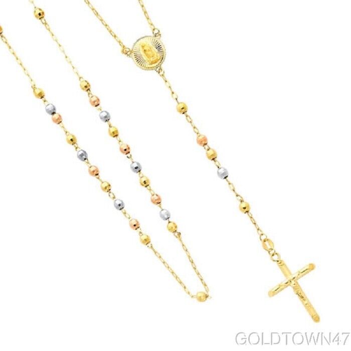 14K Yellow + White+ Rose Gold-2.5mm-Beads-Our-Lady-Guadalupe-Rosary-Necklace-18\