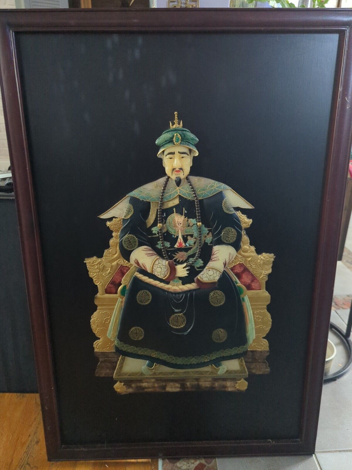 Chinese Emperor Ancestor Framed Painted Relief Carving 24x36 