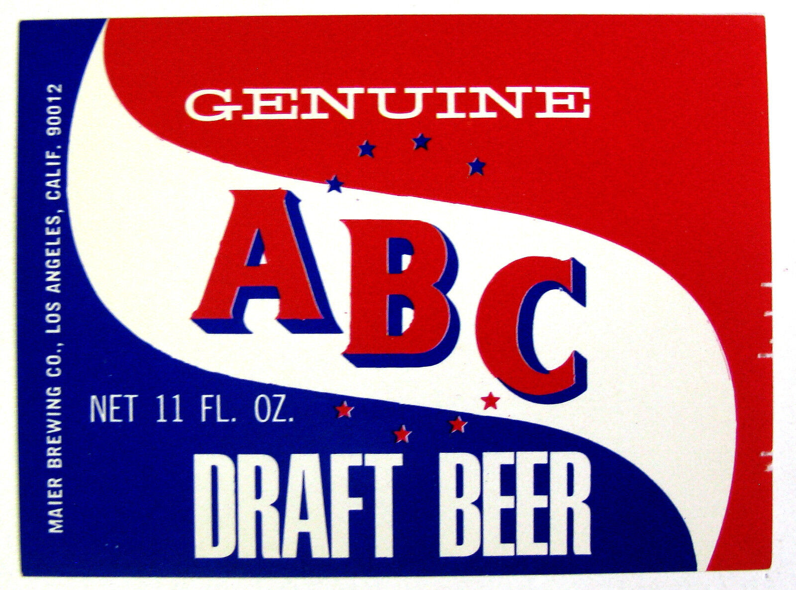 Maier Brewing Co GENUINE ABC DRAFT BEER label CA 11oz