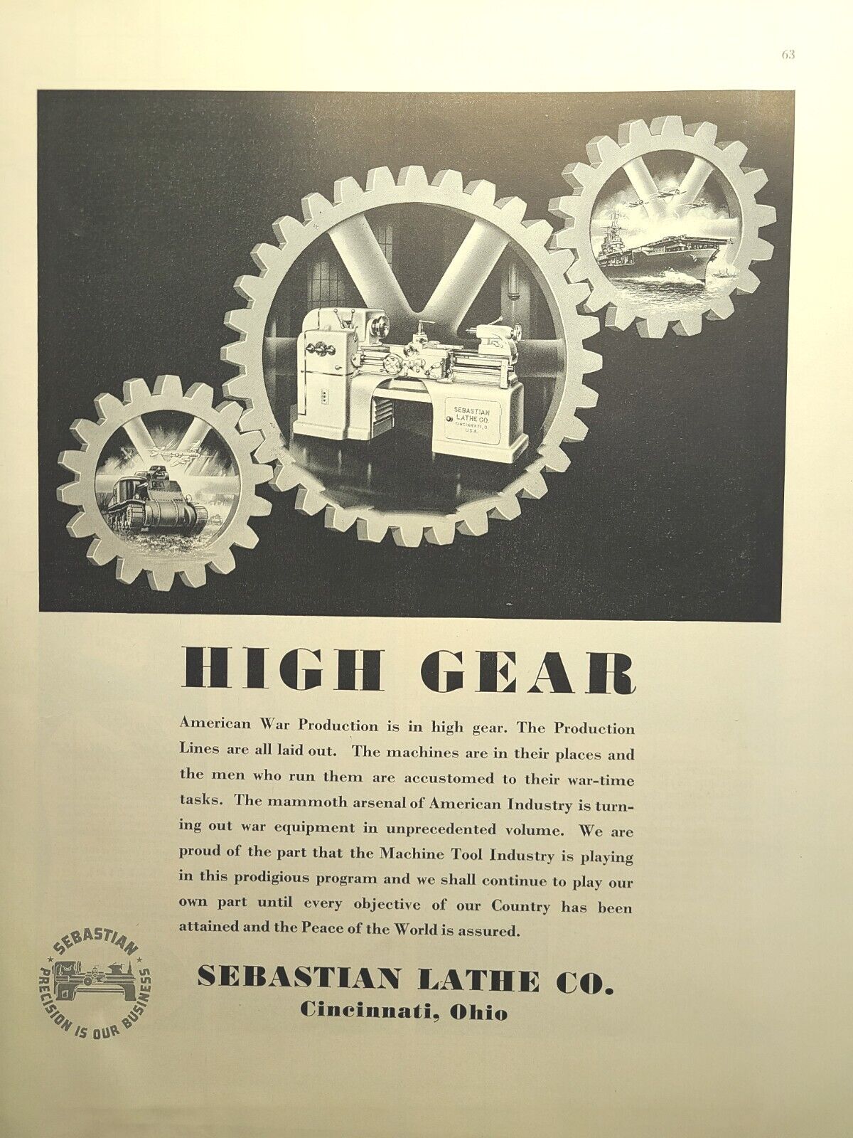 Sebastian Lathe Co Cincinnati OH War Production Vintage Print Ad 1942
