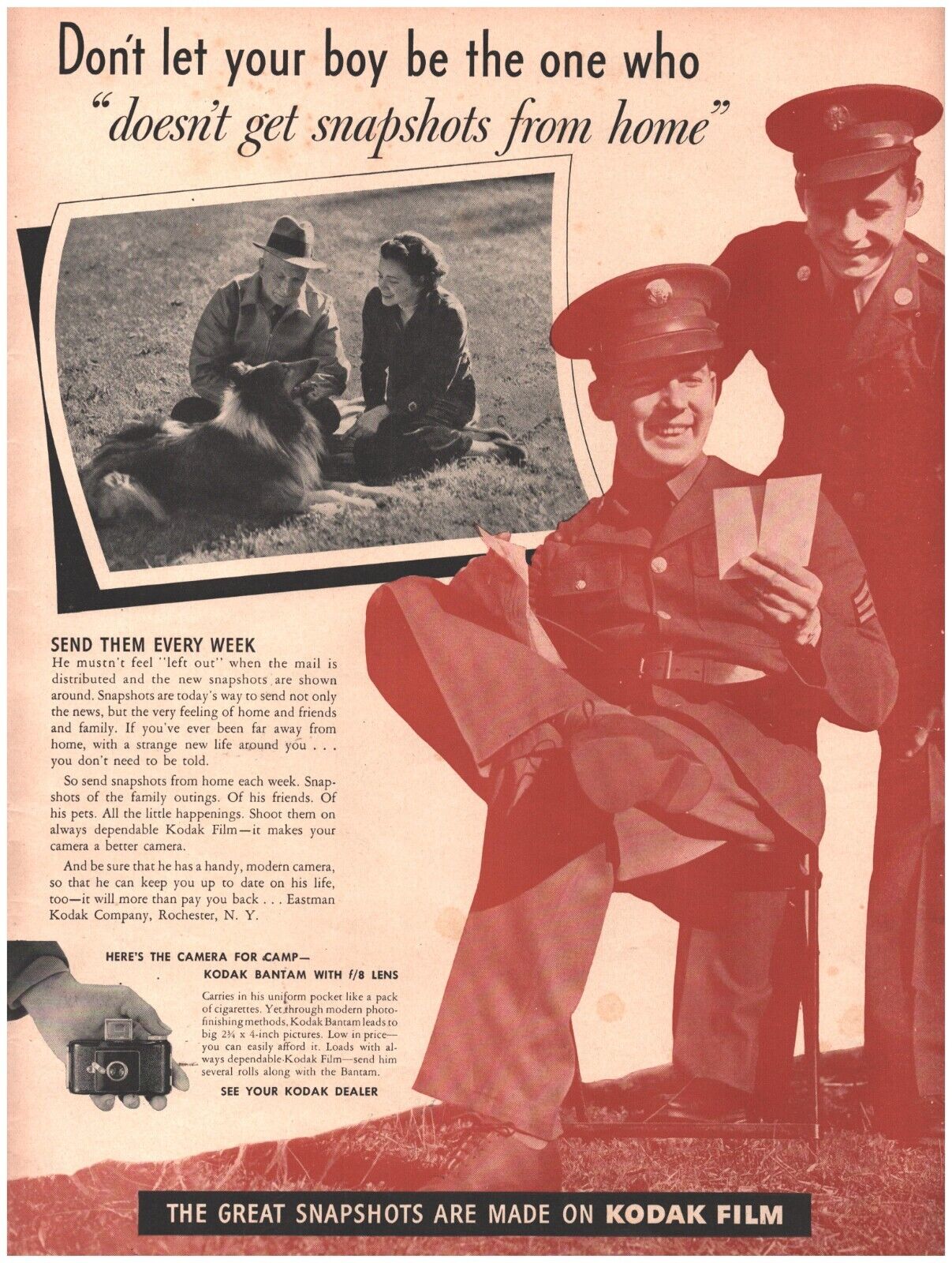 1941 Kodak Film Bantam Camera Soldiers WWII Vintage Original Magazine Print Ad