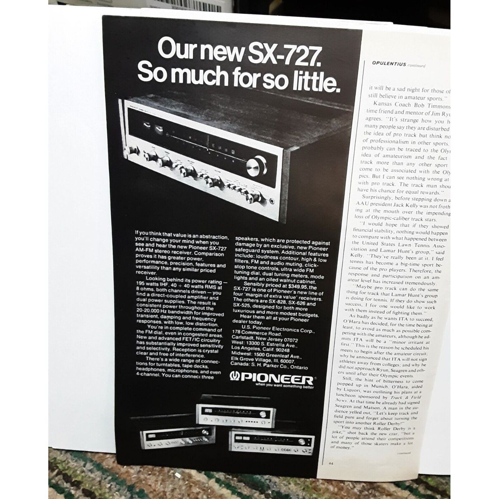 1972 Pioneer SX-727 Stereo Receiver Vintage Print Ad 70s