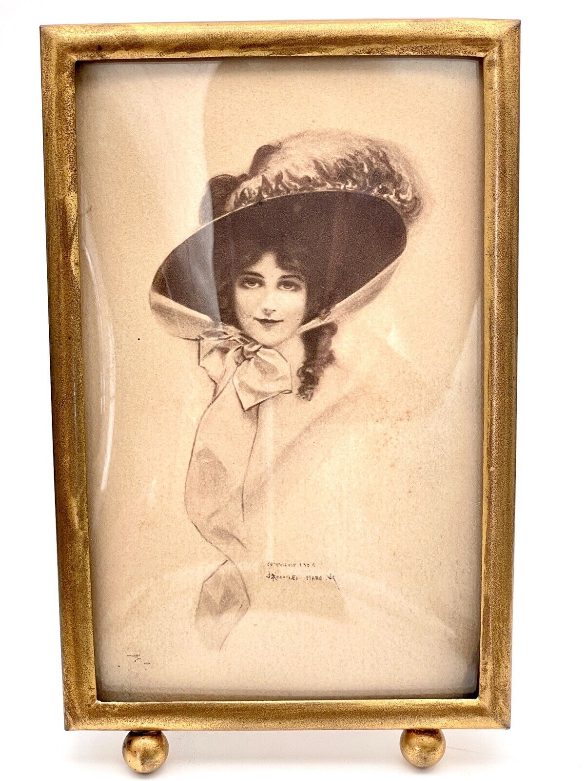 Antique Brass Frame Edwardian Print Lady 5.5” X 3.5” J. Knowles Hare Bowed Glass