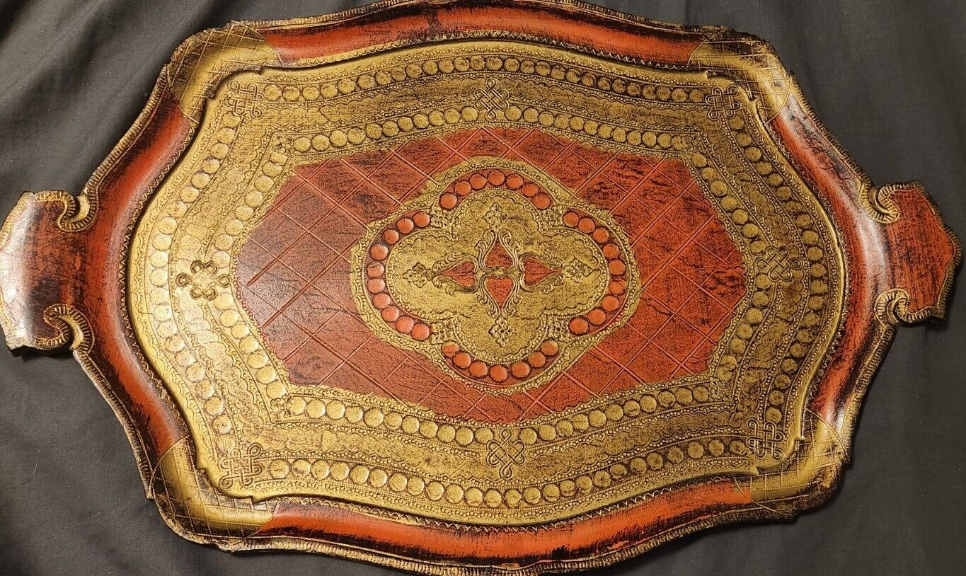 Vintage Italian Florentine Tole Style Tray in Red and Gold 23” x 15”