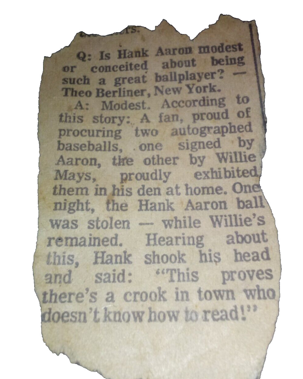 Hank Aaron 1971 Newspaper Clipping Funny Response About Willie Mayes Must Read