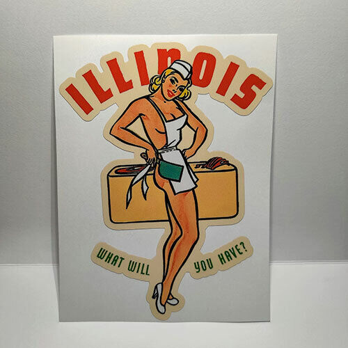 Illinois Pinup Vintage Style Travel Decal, Vinyl Sticker, Label, waitress, food
