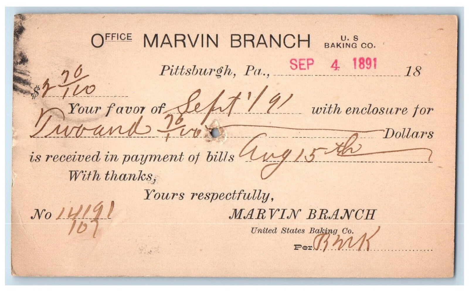 1891 Office Marvin Branch Pittsburgh Pennsylvania PA Antique Postal Card