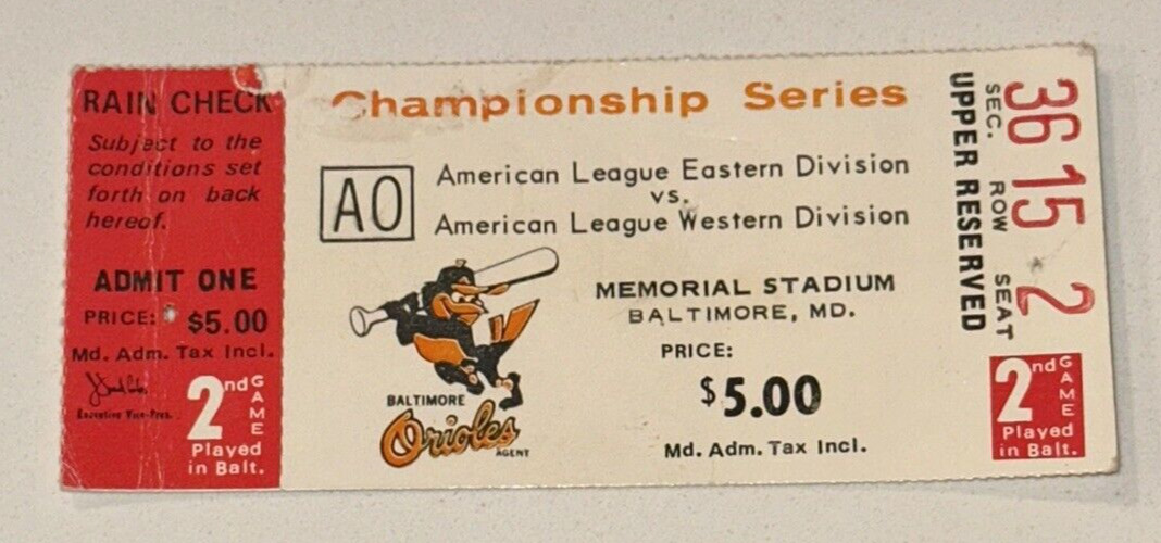 1969 MLB Playoffs ALCS Game 2 Used Ticket Stub Memorial Stadium Orioles vs Twins
