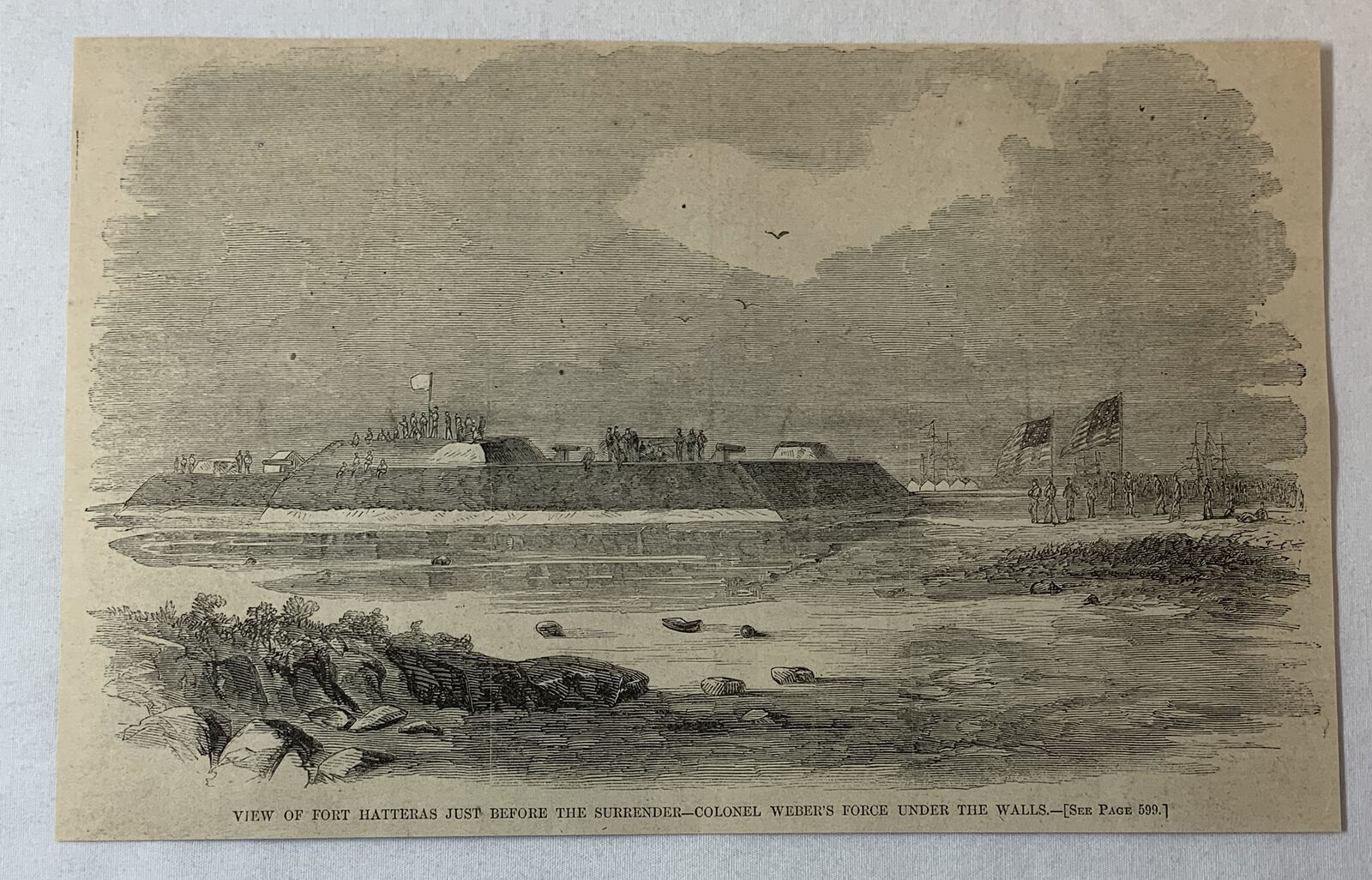 1861 magazine engraving~VIEW OF FORT HATTERAS JUST BEFORE THE SURRENDER