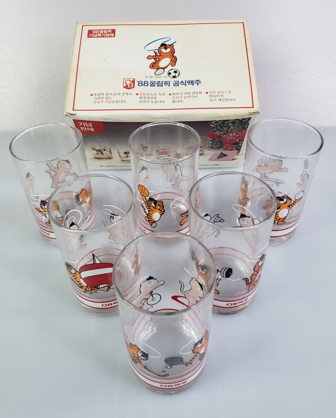1988 Seoul Olympic Beer Glasses Hodori Mascot OB Beer Vintage Korea Set 6x & Box