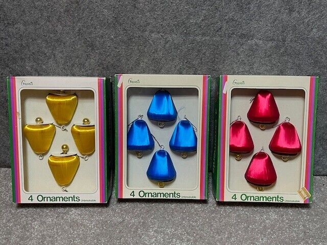Vintage Grants Christmas Satin Bell Ornaments Unbreakable Box of 3 Multicolor