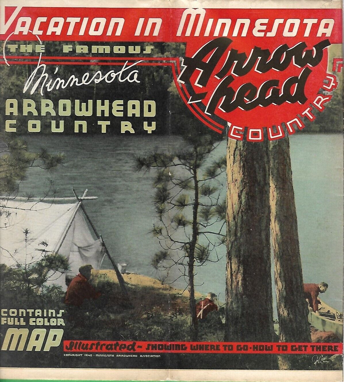 Vintage 1940 Road Map Brochure MINNESOTA ARROWHEAD COUNTRY Canoe Routes Duluth