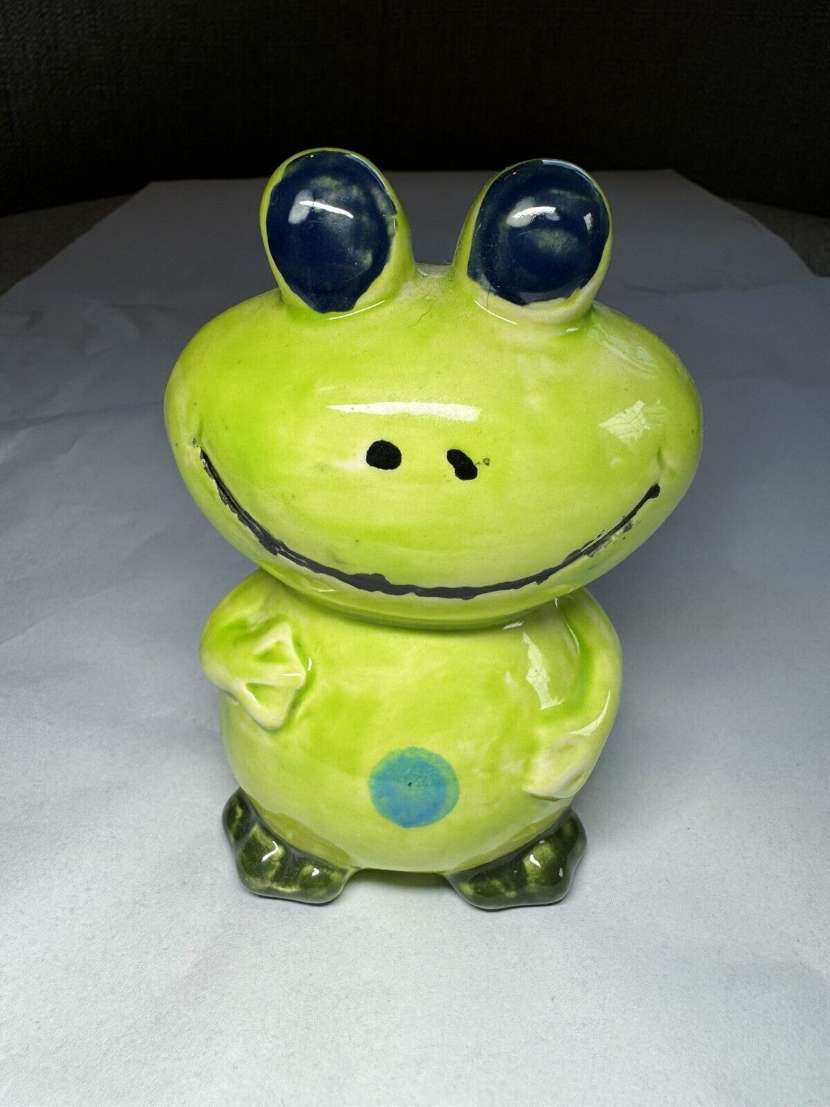Cute Green Frog Hand Painted Ceramic Figurine Small Blue Tummy Adorable Eyes