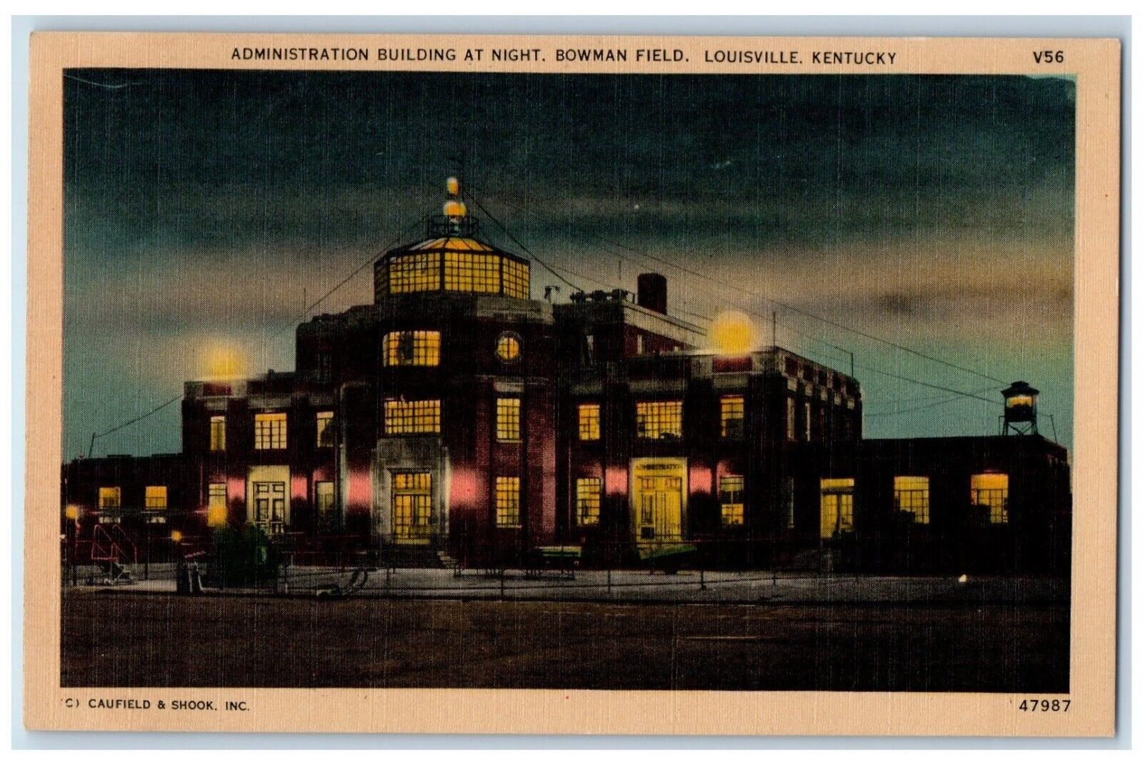 c1940 Administration Building Night Bowman Field Louisville Kentucky KY Postcard