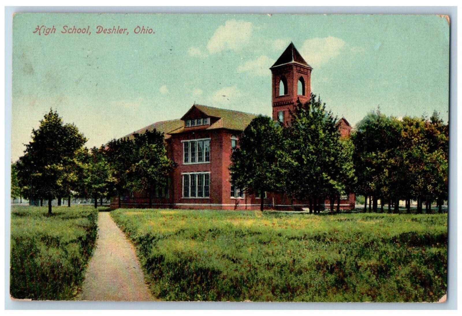 Deshler Ohio OH Postcard High School Building Pathway Trees 1911 Vintage Antique